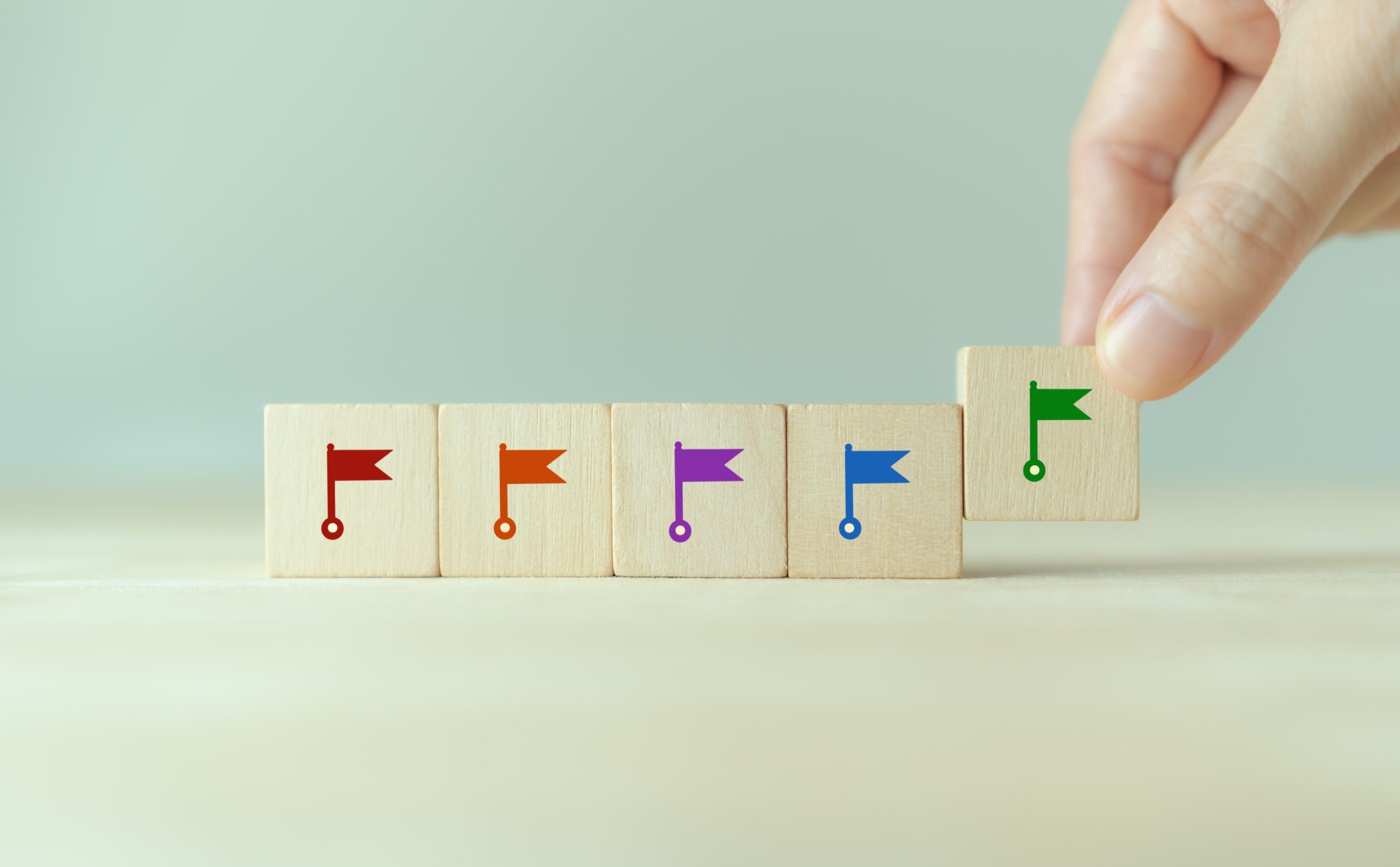 A hand is holding a wooden block with flags on it.