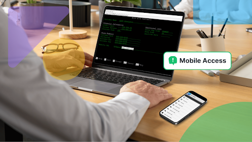 A 5250 application displayed on a laptop and a modernized application on a mobile phone