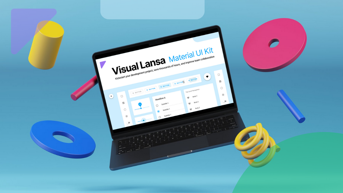 Laptop displaying the Visual LANSA Material UI Kit interface with pre-built design components
