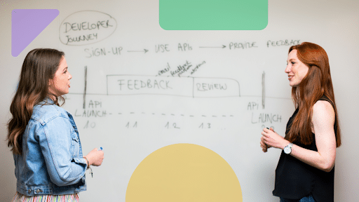 Women talking about APIs beside a whiteboard
